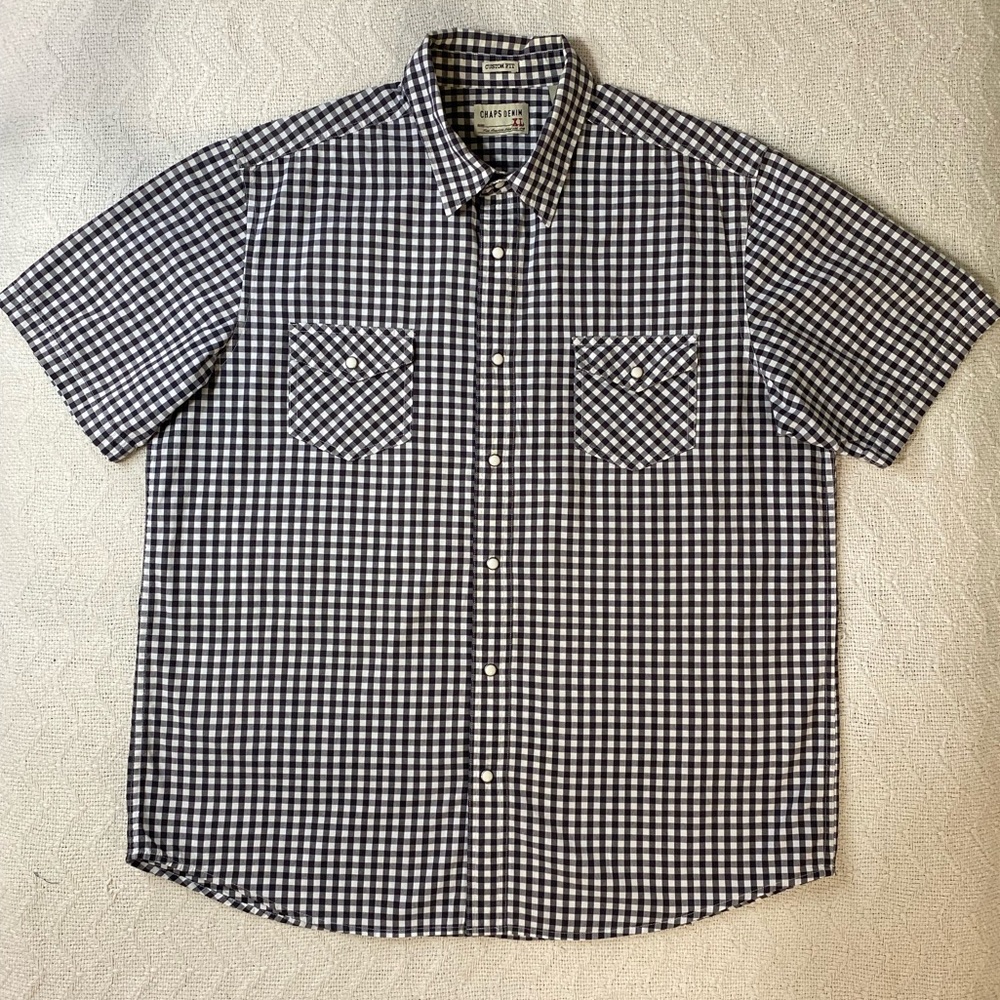 Chaps Denim Shirt Mens Sz XL Black White Gingham Short Sleeve Pearl Snap Casual